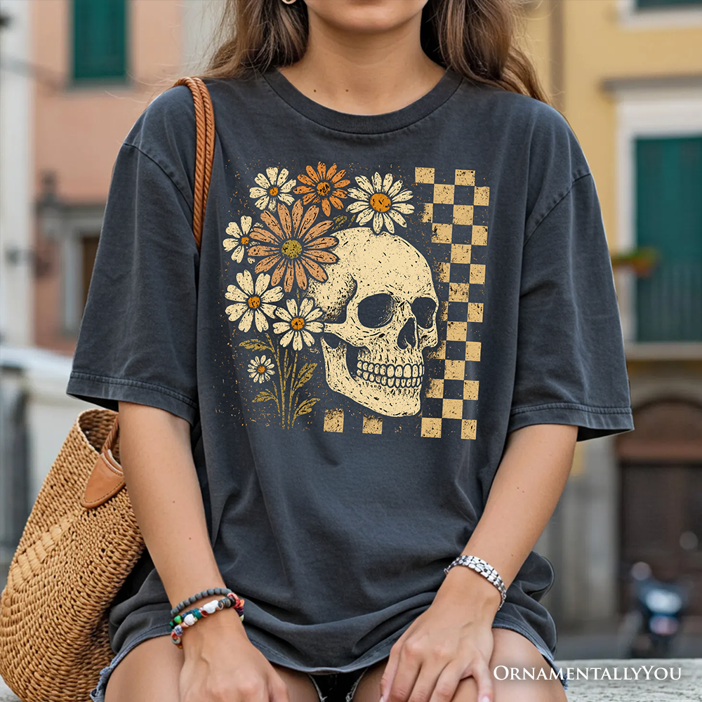 Checkered Floral Skeleton T-Shirt, Vintage Skull Daisy Halloween Tee