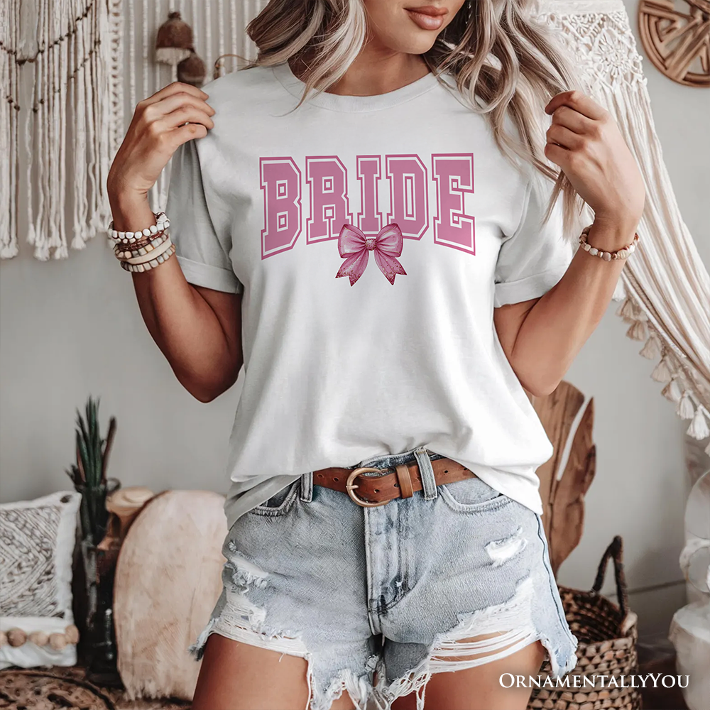 Coquette Bride T-Shirt, Pink Bow White Tee for Stylish Brides