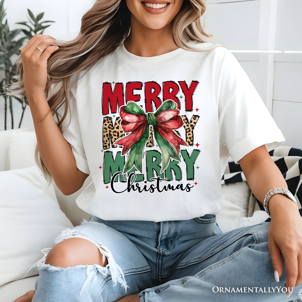 Coquette Merry Christmas Bow T-Shirt, Festive Leopard Holiday Tee