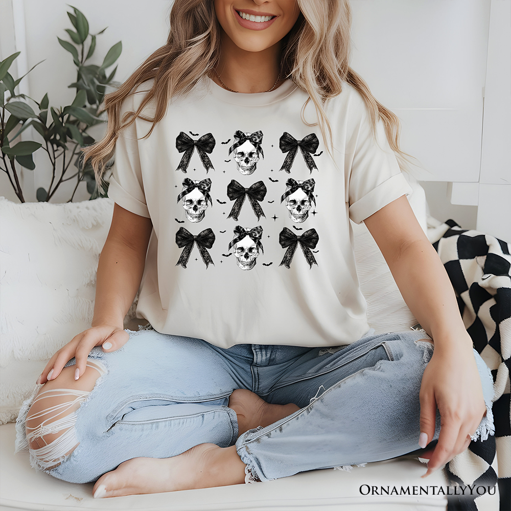 Coquette Skulls and Bows T-Shirt, Gothic Halloween Tee for Stylish Women