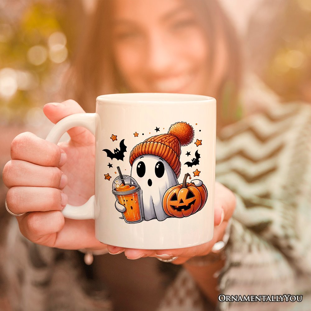 Cute Ghost with Coffee Drink, Personalized Halloween Mug, Fun Boujee Gift with Custom Name