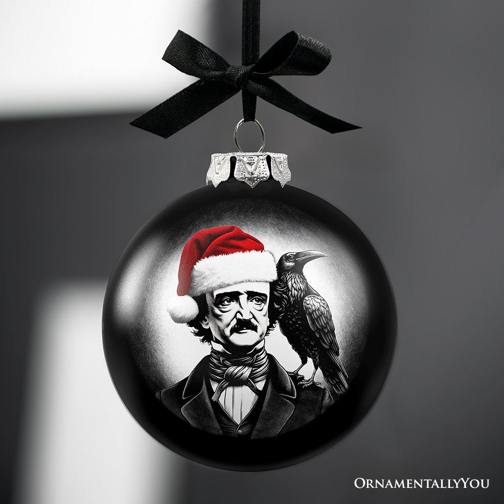 Edgar Allan Poe Spooky Christmas Portrait Glass Ornament, Black Horror Halloween Tree Decoration