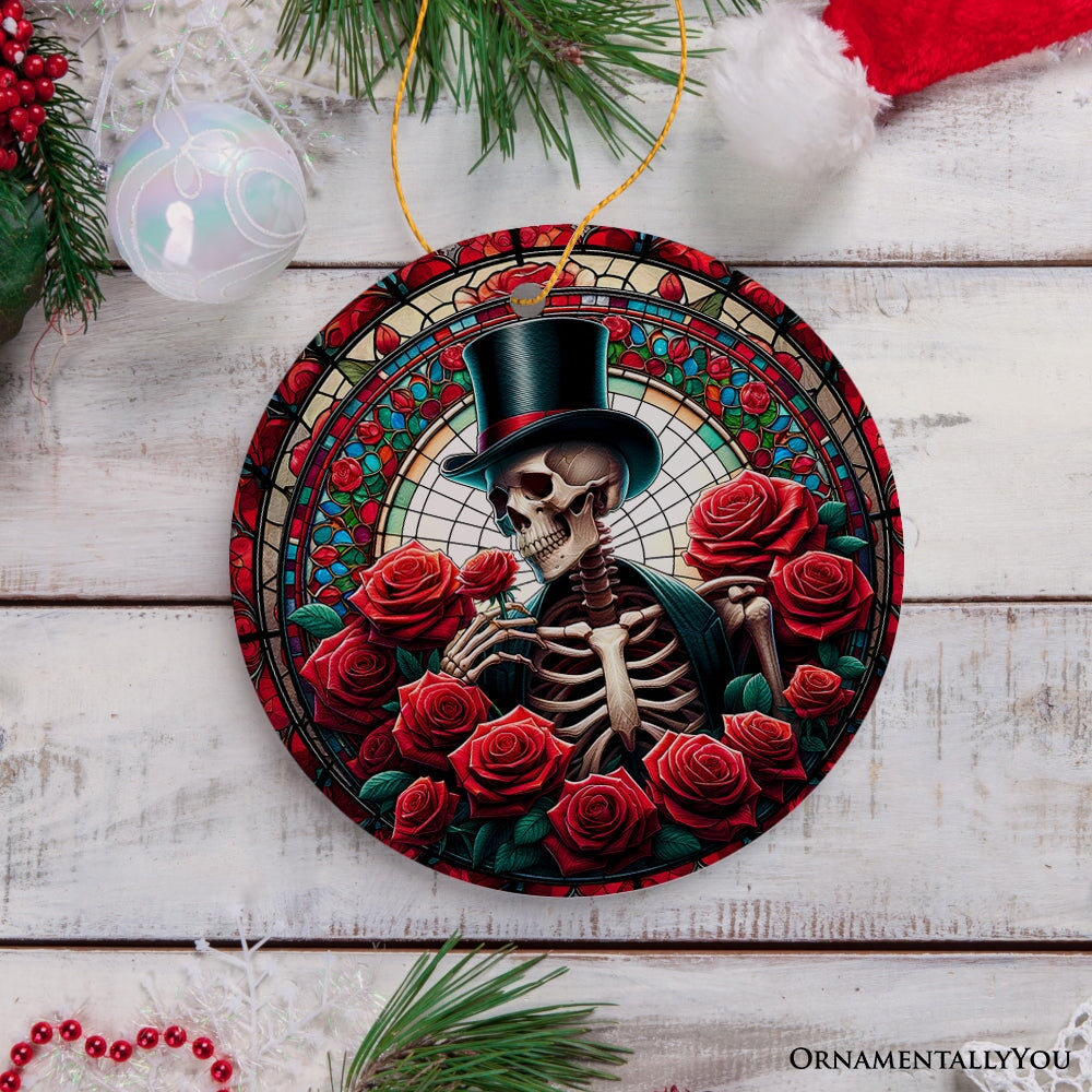 Elegant Bones Top-Hat Skeleton with Roses Stained Glass Style Ceramic Ornament, Halloween Themed Christmas Gift and Decor