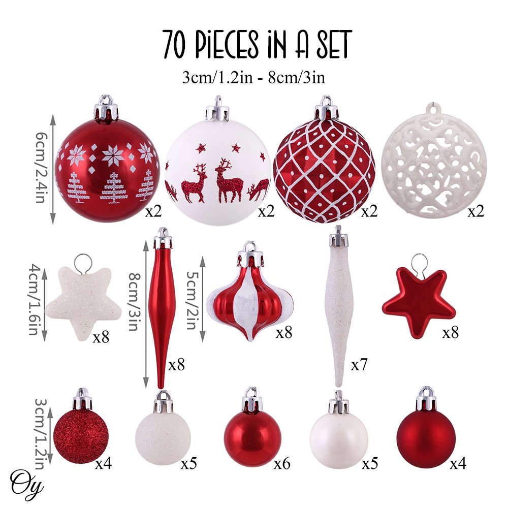 Endearing Prominent Red and White Christmas Ornament Set, Bauble Bundle with Candycane Colors and Patterns 70 Pieces