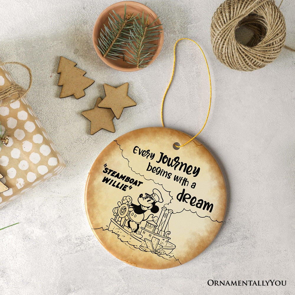 Every Journey Begins With a Dream Quote Ornament, Vintage Steamboat Willie Christmas Keepsake