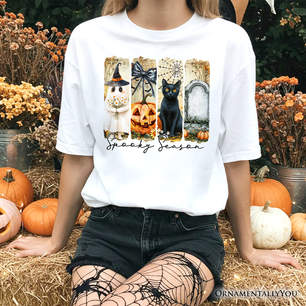 Fall Spooky Season Brushstroke T-Shirt, Coquette Vintage Ghost, Cat and Pumpkin Tee