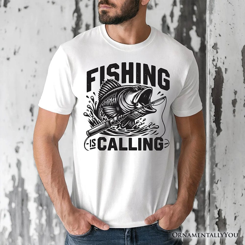 Fishing Is Calling T-Shirt, White Outdoor Tee for Fishermen Dads