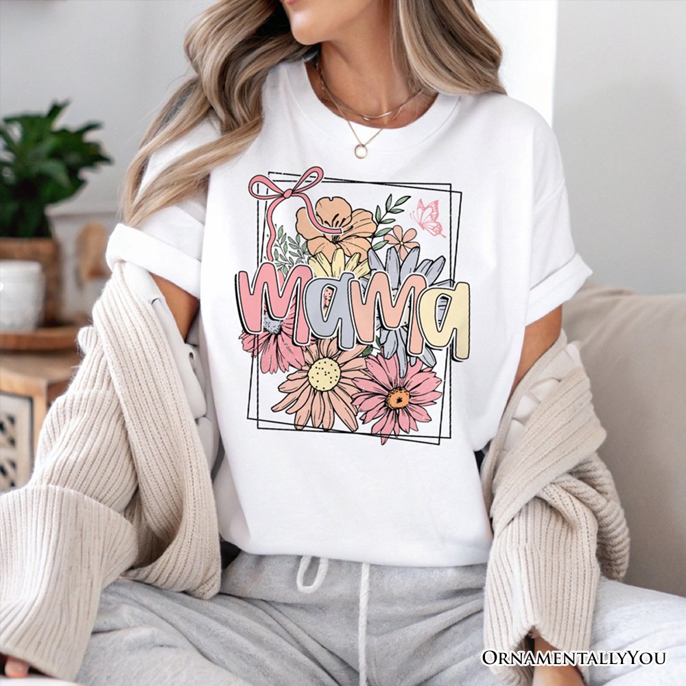 Floral Mama Coquette Bow Pastel T-Shirt, White and Natural Boho Tee With Spring Flower