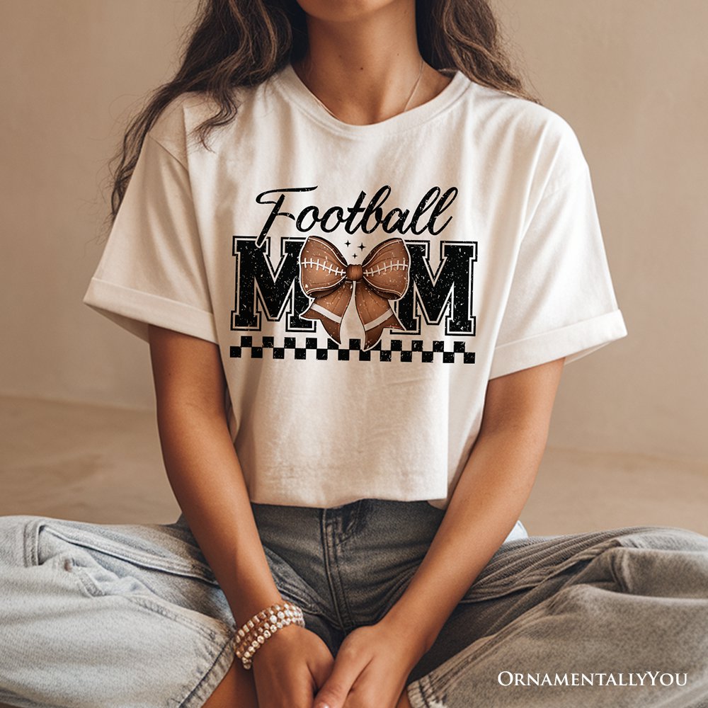 Football Mom Coquette Bow Retro T-Shirt, Stylish Game Day White Tee for Trendy and Proud Sports Mothers