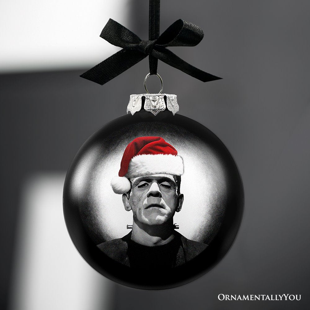 Frankenstein Christmas Spooky Portrait Glass Ornament, Black Horror Halloween Tree Decoration