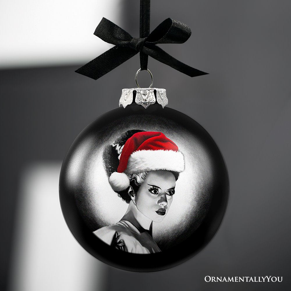 Frankenstein's Bride Christmas Spooky Portrait Glass Ornament, Black Horror Halloween Tree Decoration