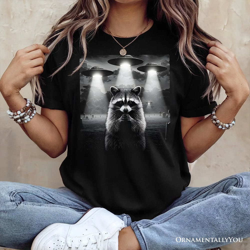 Funny Raccoon UFO T-Shirt, Unisex Black Tee for Space Lover