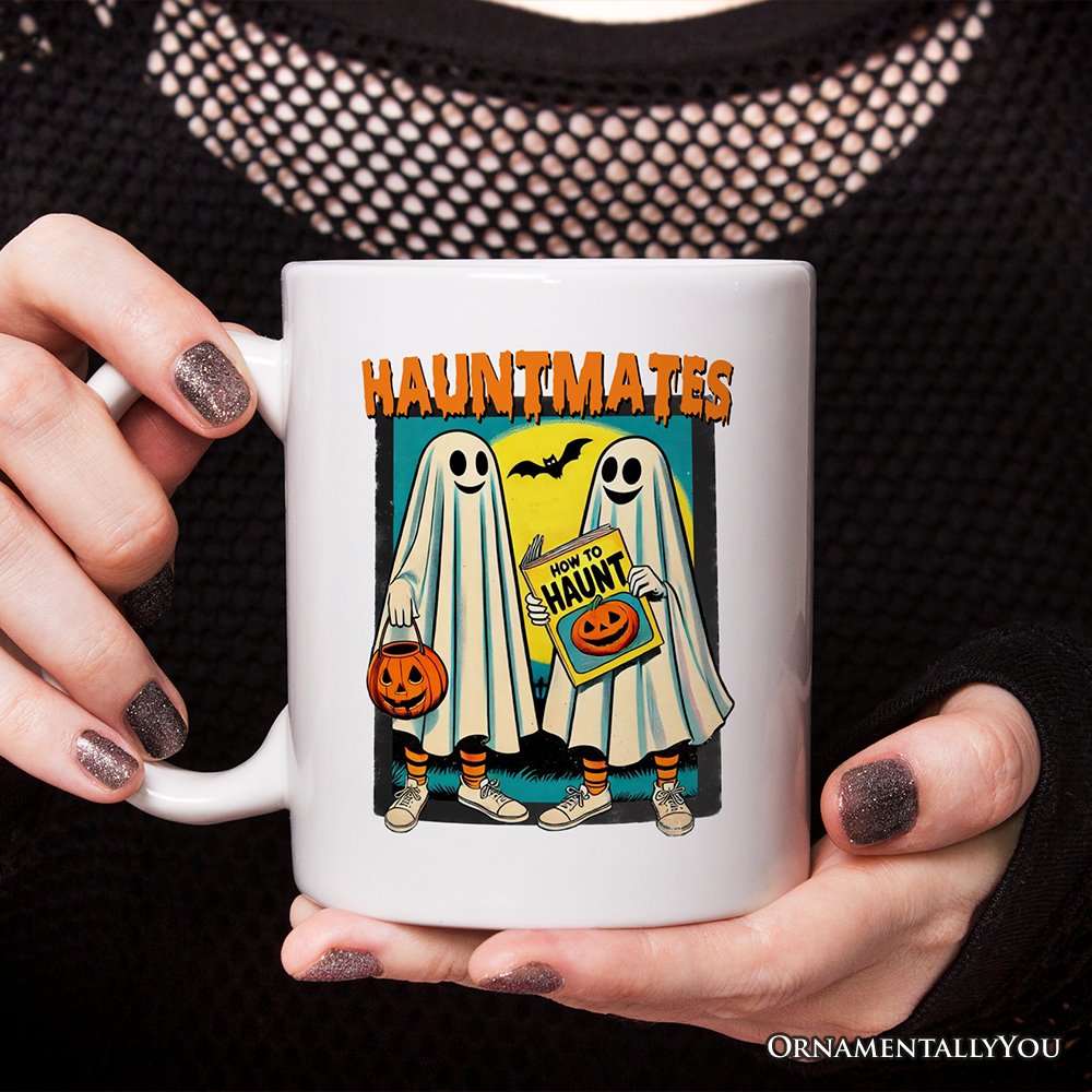 Funny Retro Ghosts Hauntmates Personalized Mug, Vintage Best Friend Halloween Gift with Custom Names