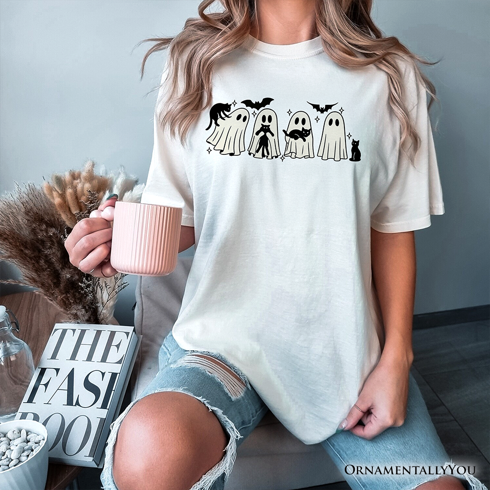 Ghosts and Cats Spooky T-Shirt, Whimsical Halloween Tee for Cozy Autumn Season