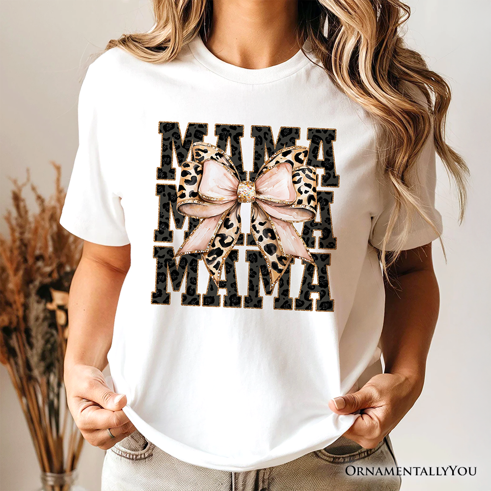 Glitter Leopard Mama T-Shirt, Coquette Bow Tee for Glam and Trendy Mothers