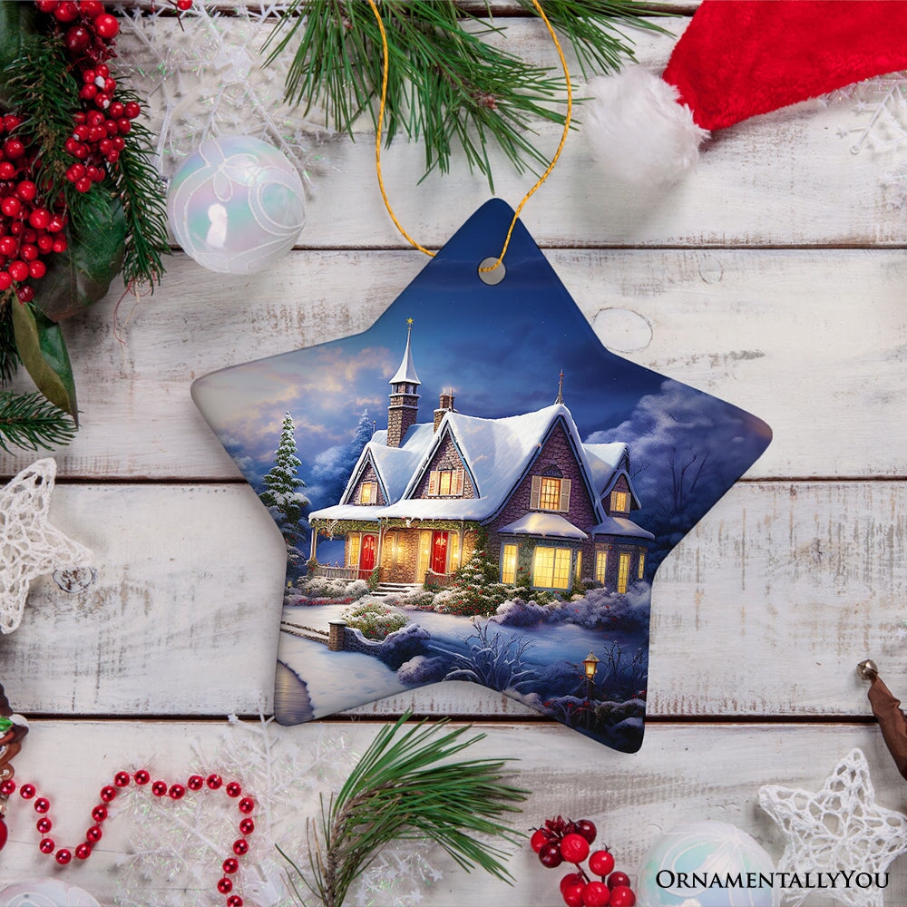 Glowing Winter Night Painting Ceramic Ornament, Warm and Inviting Christmas Tree Decor