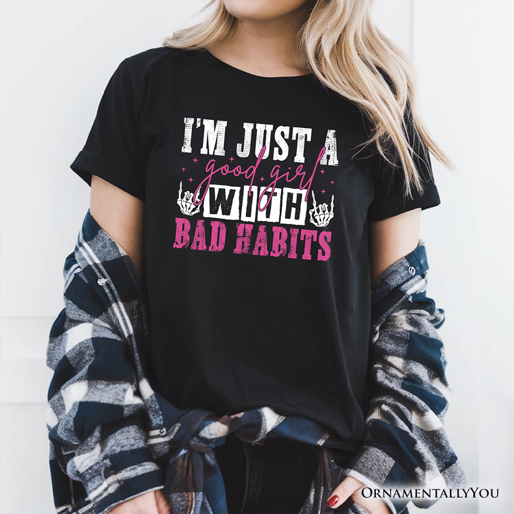 Good Girl with Bad Habits T-Shirt, Grunge Pink and Skeleton Hands Navy, Black, and White Tee for Wild and Rebellious Women