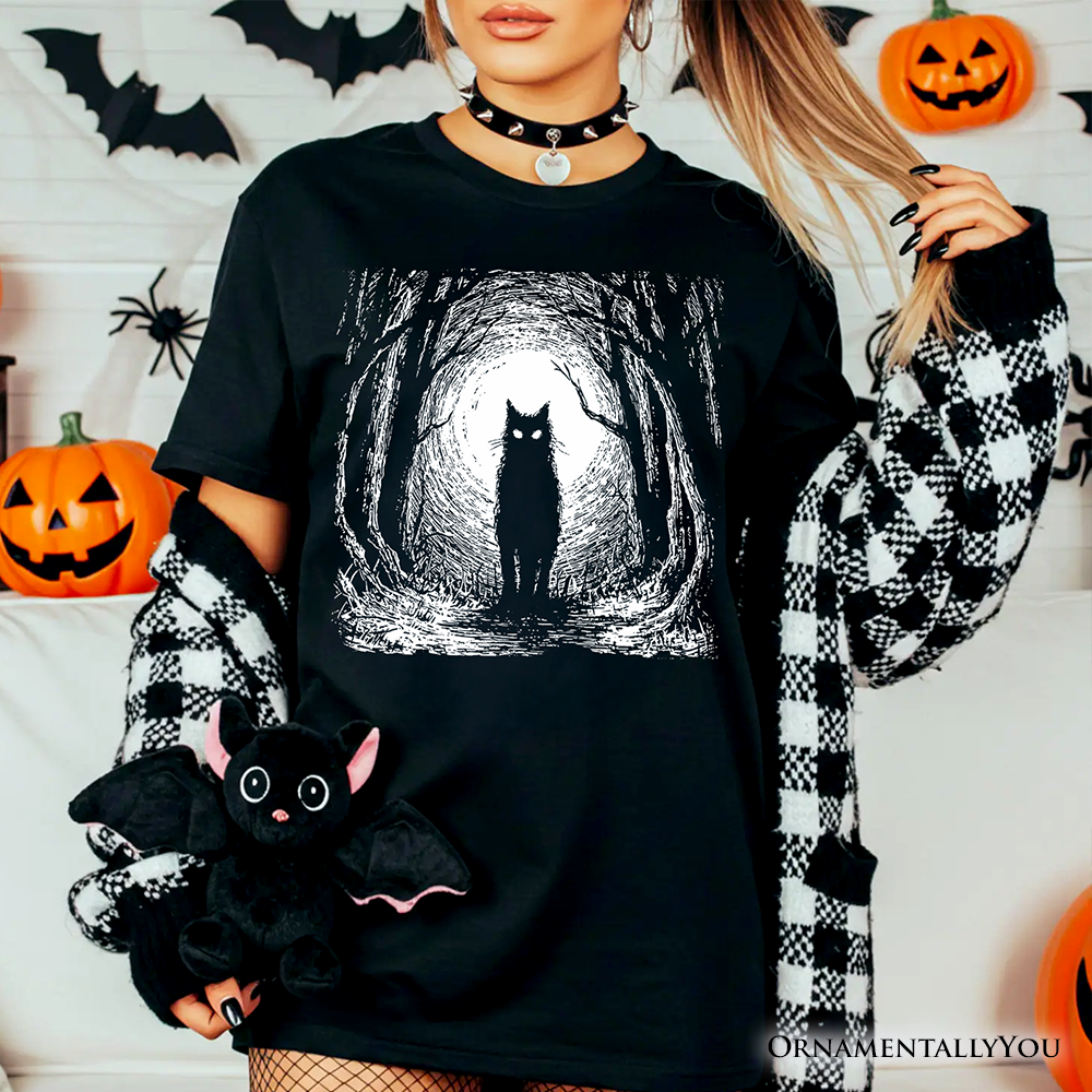 Haunted Forest Black Cat T-Shirt, Spooky Halloween Night Tee