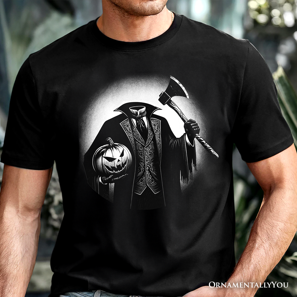 Headless Horseman Spooky Portrait T-Shirt, Horror Villain Theme Halloween Tee