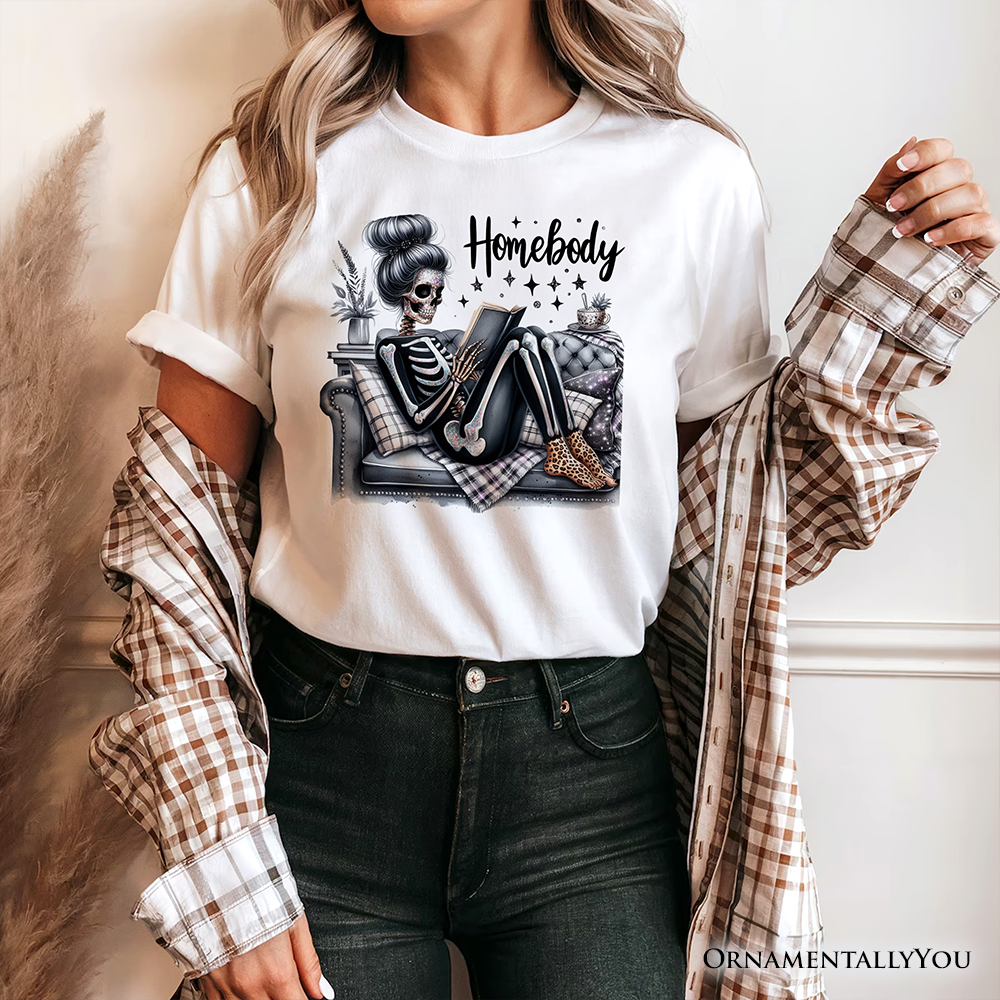 Homebody Reading Skeleton T-Shirt, Funny Lazy Selfcare Tee for Introvert Women