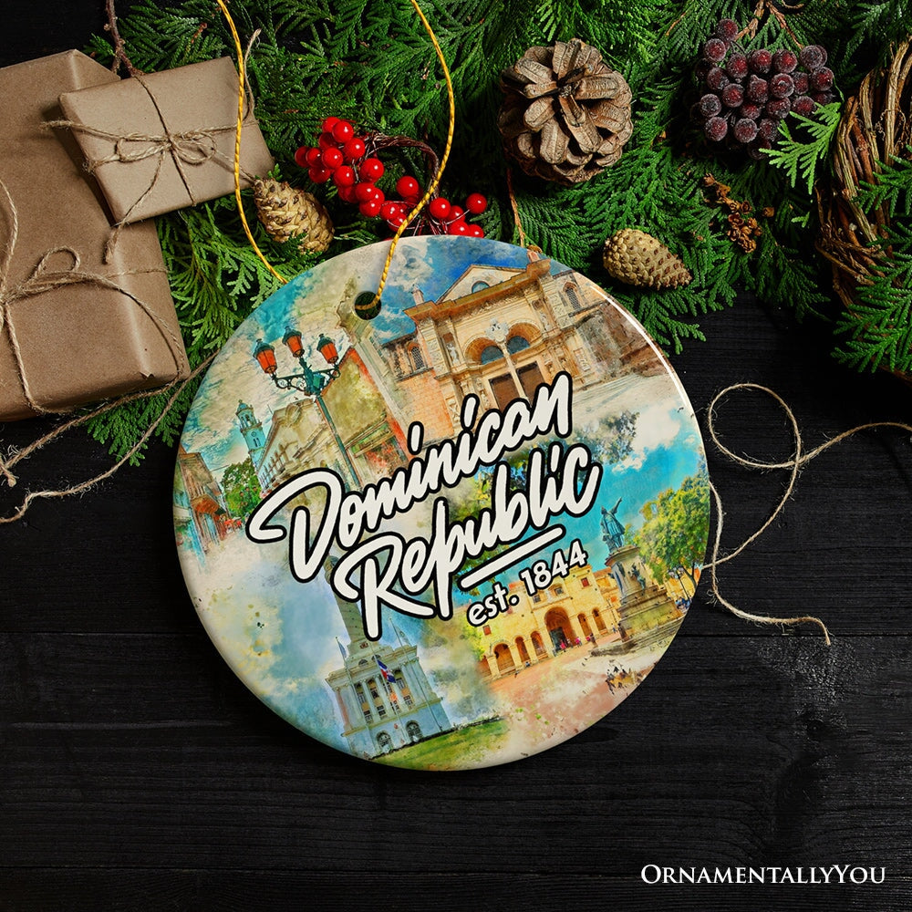 Illustrated Tropical Dominican Republic Ceramic Ornament, Caribbean Travel Souvenir and Christmas Gift
