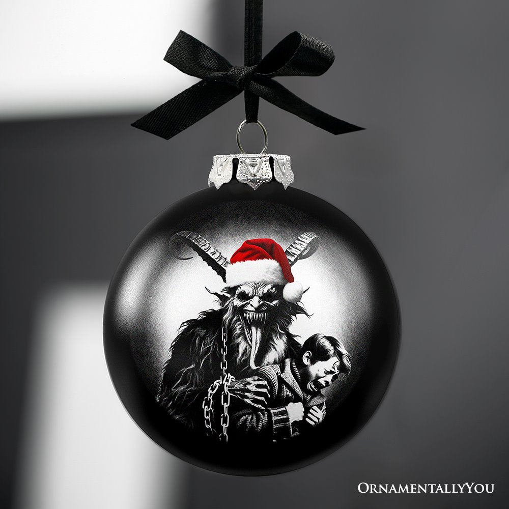 Krampus Christmas Spooky Portrait Glass Ornament, Black Horror Halloween Tree Decoration