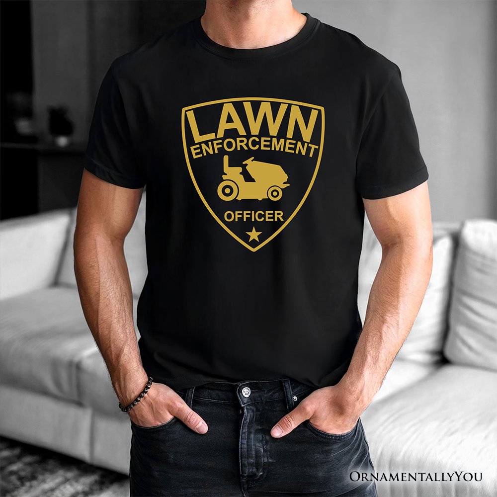 Lawn Enforcement Officer T-Shirt, Funny Badge Style Navy and Black Tee for Lawn Mower Gardener Dad