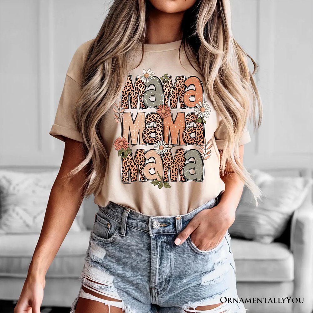 Leopard Mama Floral Retro T-Shirt, White and Natural Trendy Women's Tee with Wildflower Accents