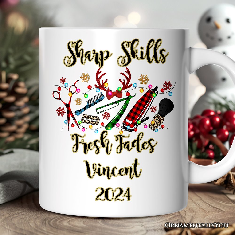 Personalized Mug Barber Buffalo Plaid Christmas, Barbershop Gift