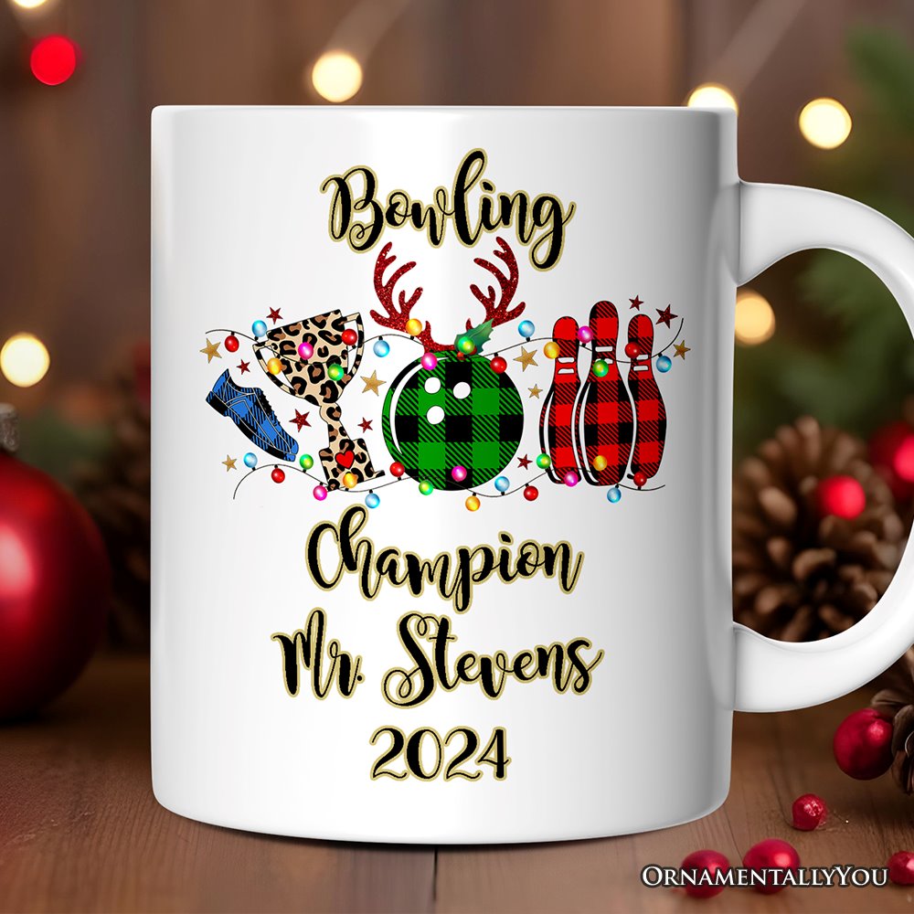 Personalized Mug Bowling Buffalo Plaid Christmas, Ball Pins and Trophy