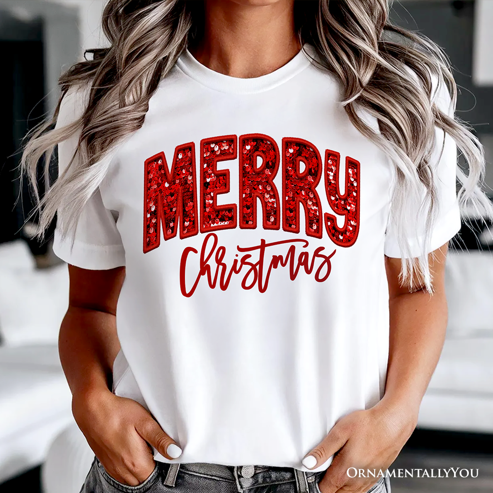 Merry Christmas Sequin T‑Shirt, Bold Red Glitter Tee for Festive Holiday Season