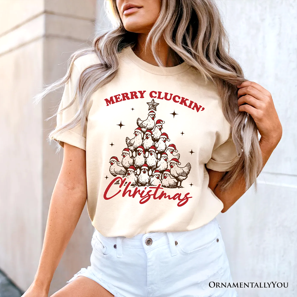 Merry Cluckin' Christmas Tree T‑Shirt, Funny Santa Hat Chicken Farmhouse Tee