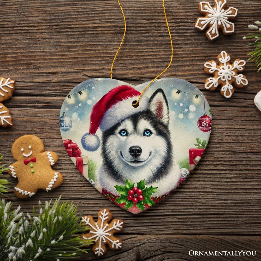 Merry Holly Berry Siberian Husky Ornament, Whimsical Christmas Tree Decor