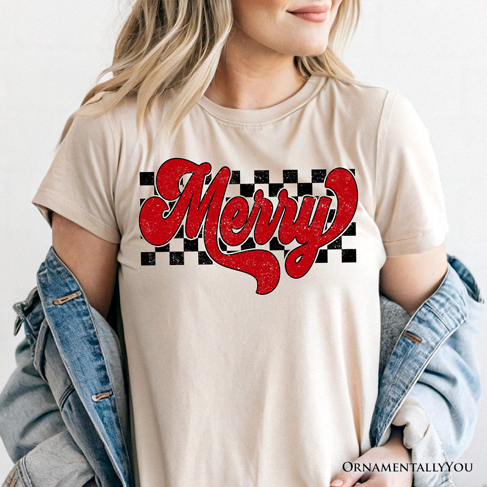 Merry Retro T‑Shirt, Christmas Checkered Tee