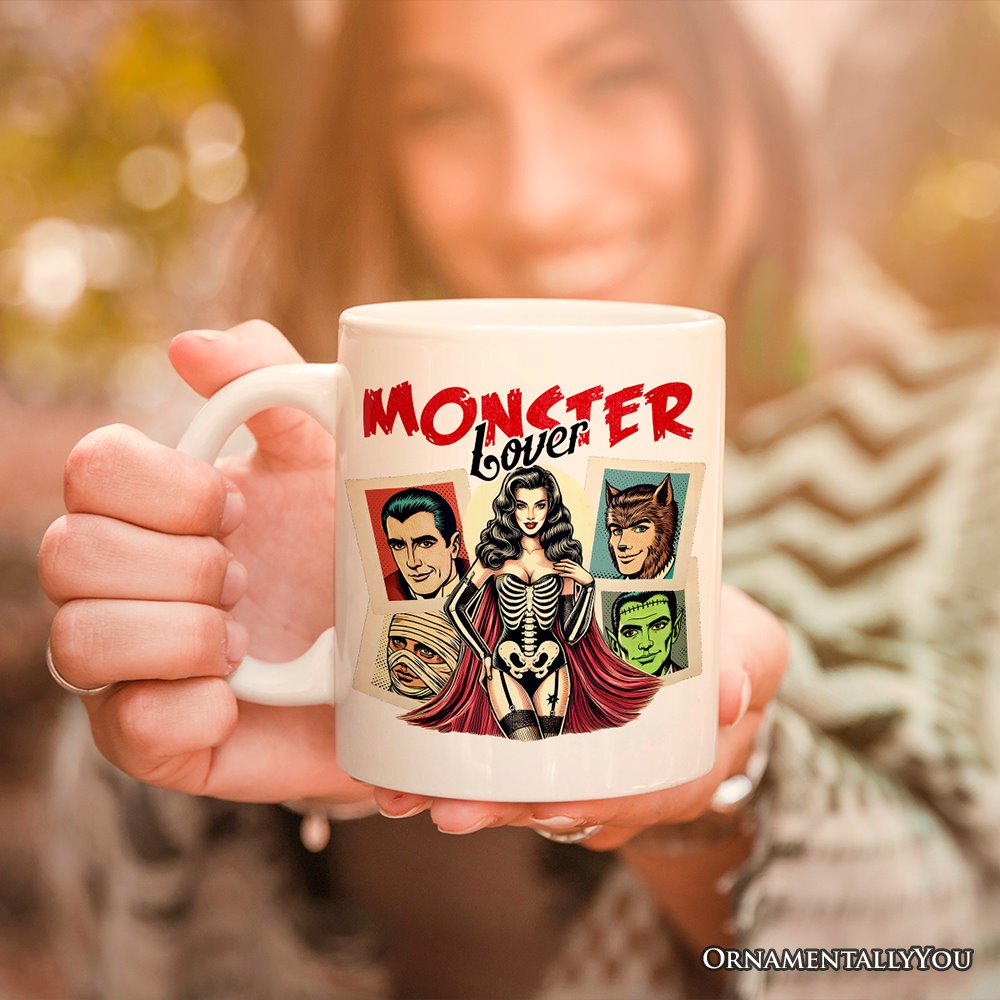 Monster Lover Personalized Halloween Mug, Horror Characters Retro Gift for Women with Custom Name