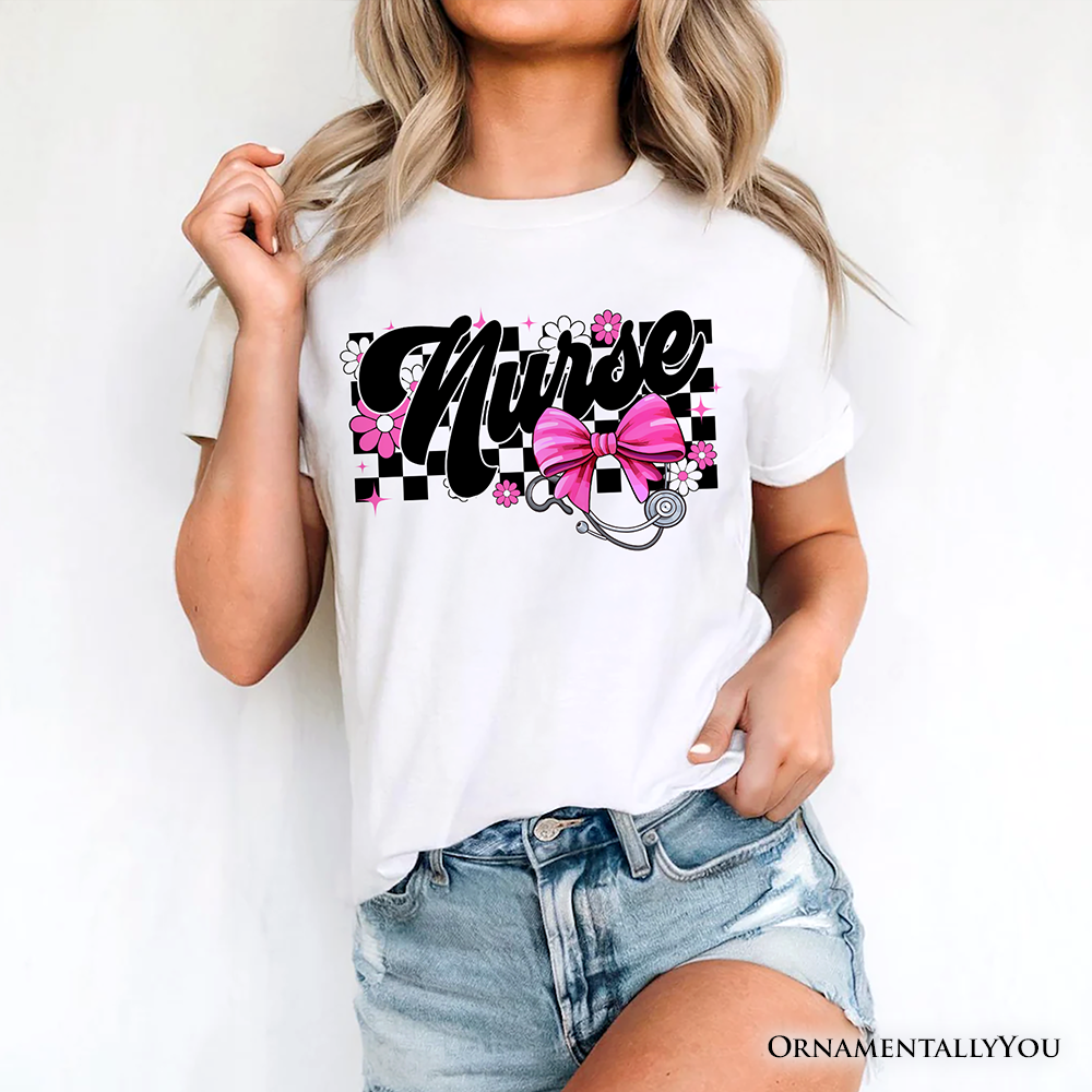 Nurse Floral Coquette Pink Bow T-Shirt, Retro Stethoscope Checkered Tee