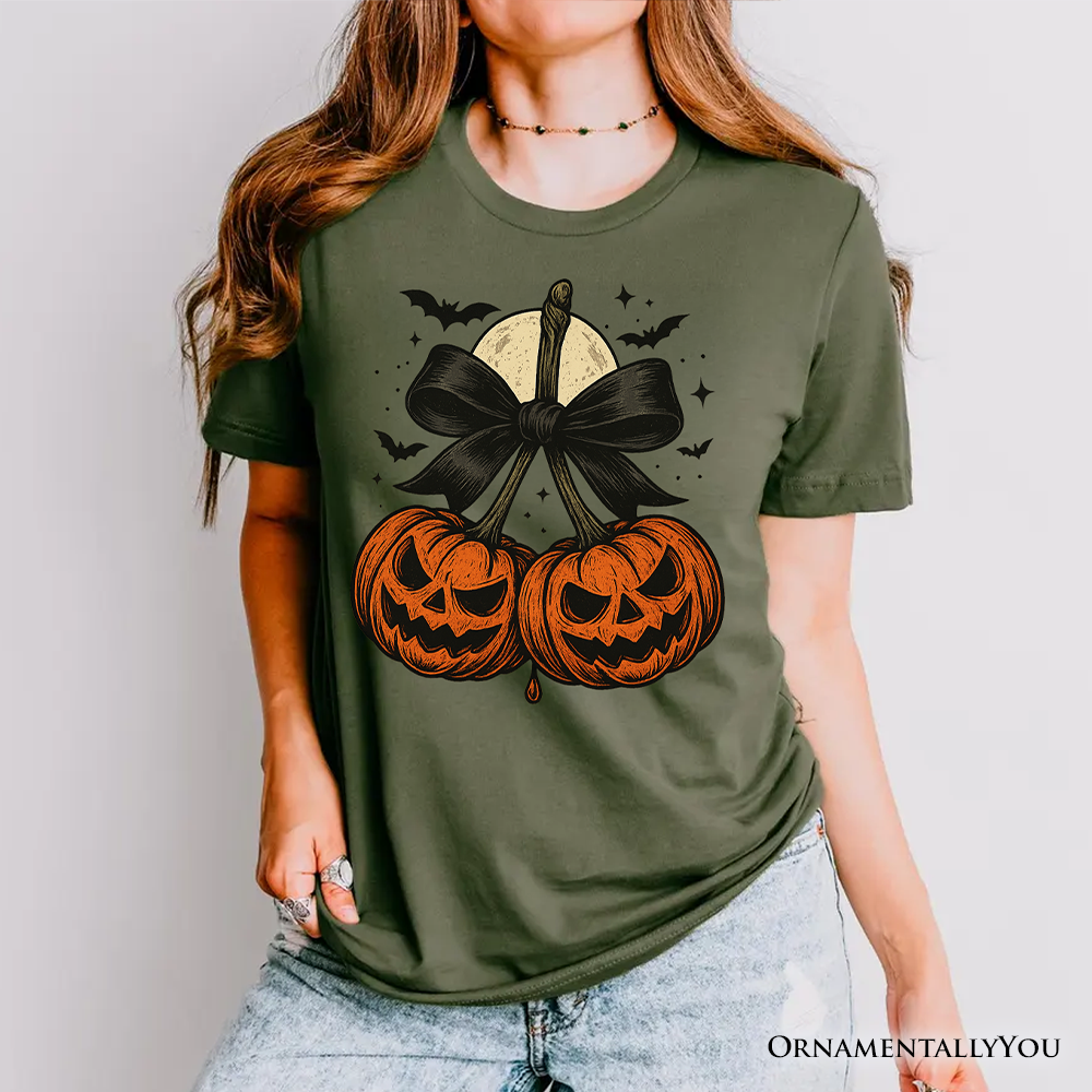 Pumpkin Cherries Coquette Bow T-Shirt, Retro Halloween Fall Season Tee for Sweet Autumn Girls