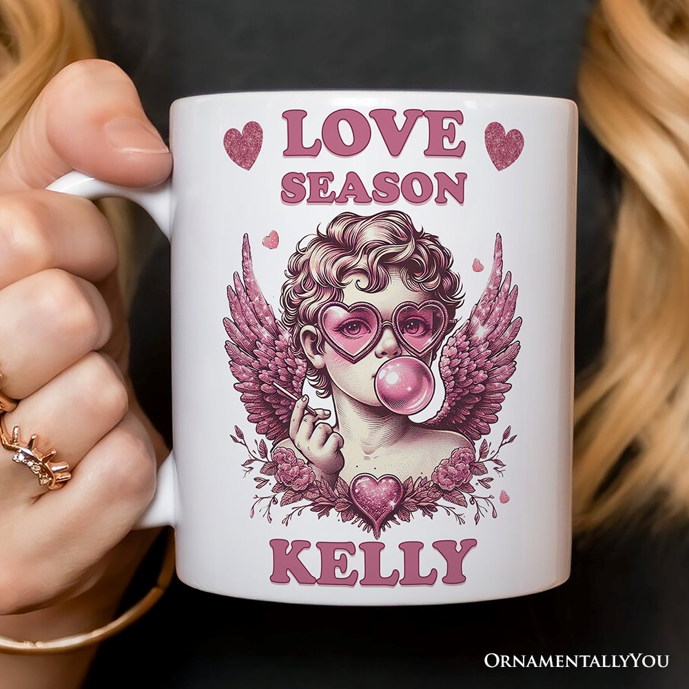 Retro Cupid Valentine Blowing Bubble Personalized Mug, Love Season Vintage Valentine's Day Gift