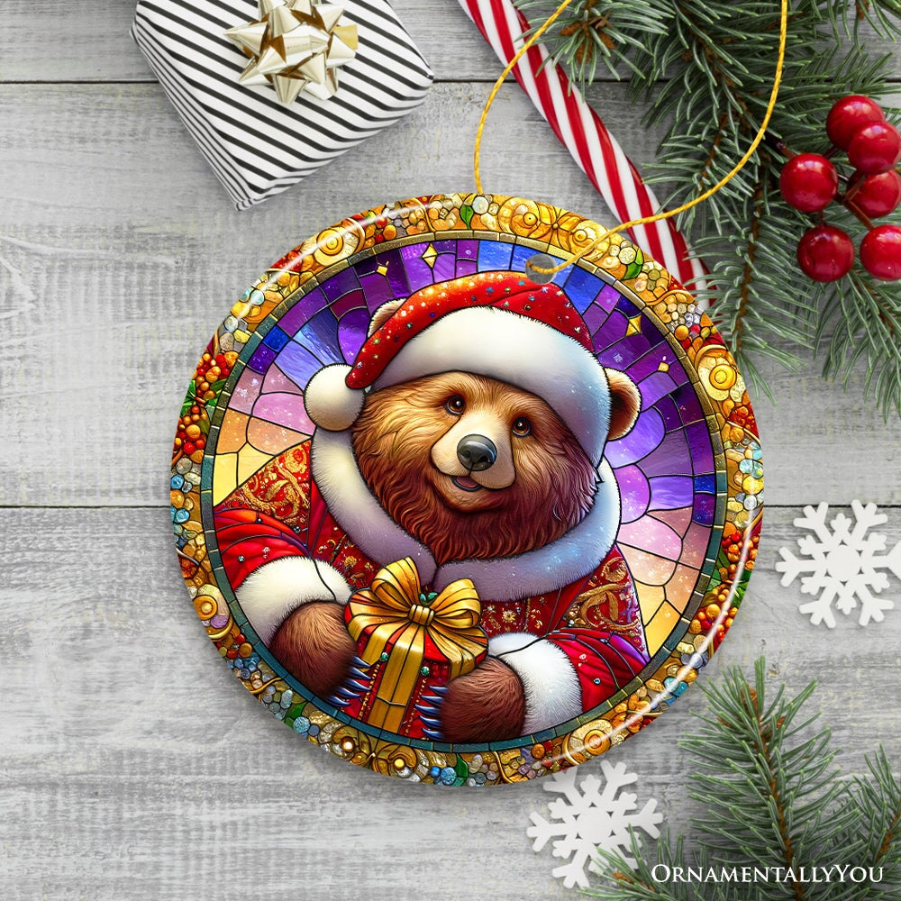Santa Bear Stained Glass Style Ceramic Ornament, Christmas Gift and Decor