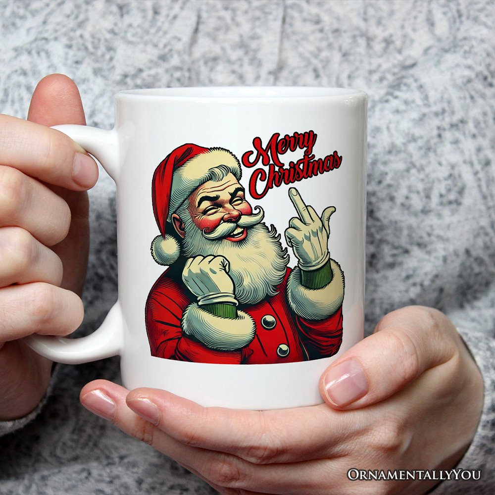Santa Middle Finger Christmas Personalized Mug, Vintage Humorous Gift with Custom Name