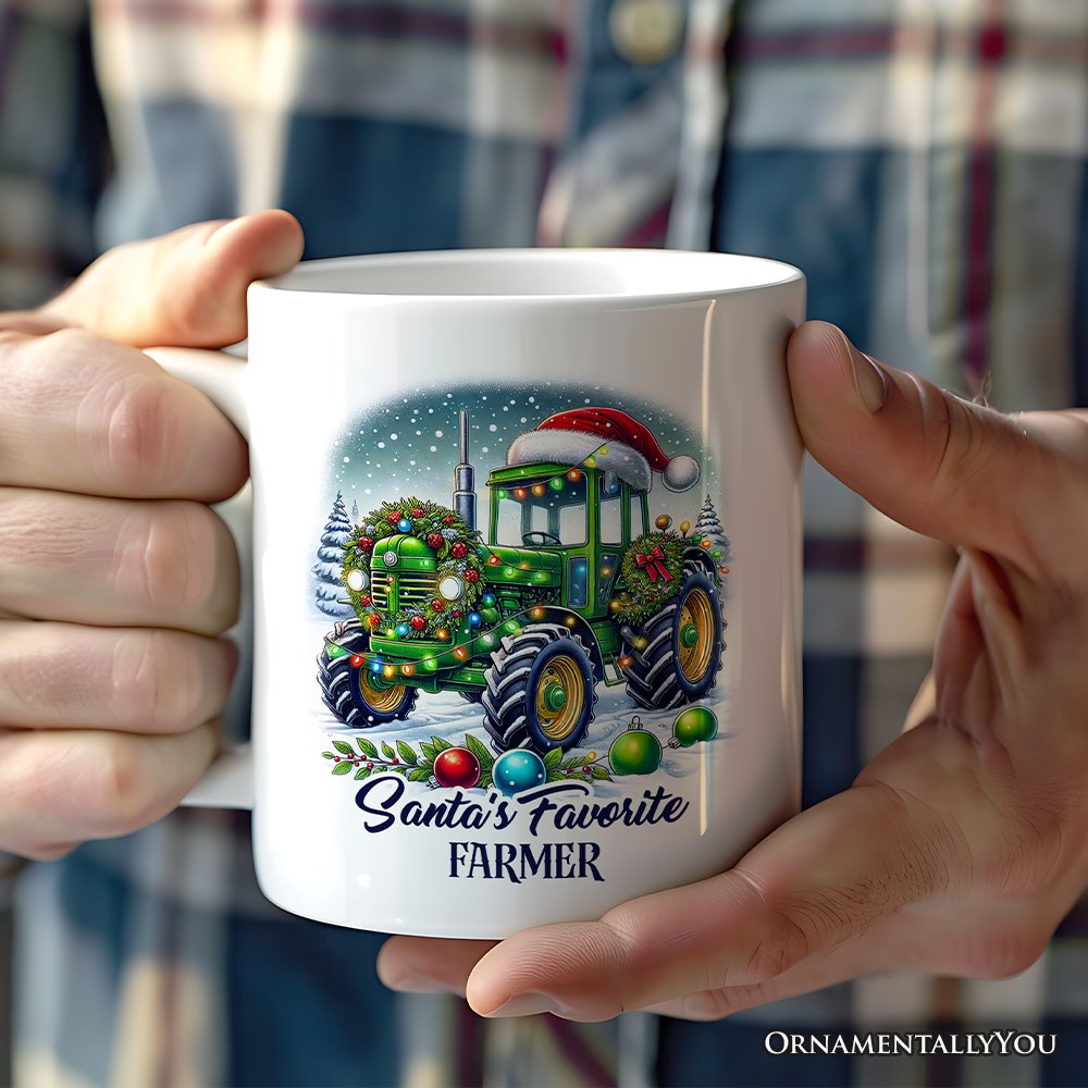 Santa's Favorite Farmer Personalized Mug, Christmas Green Tractor Gift with Custom Name