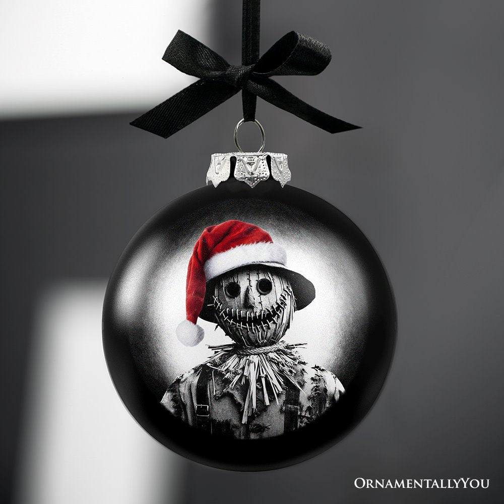 Scarecrow Christmas Spooky Portrait Glass Ornament, Black Horror Halloween Tree Decoration