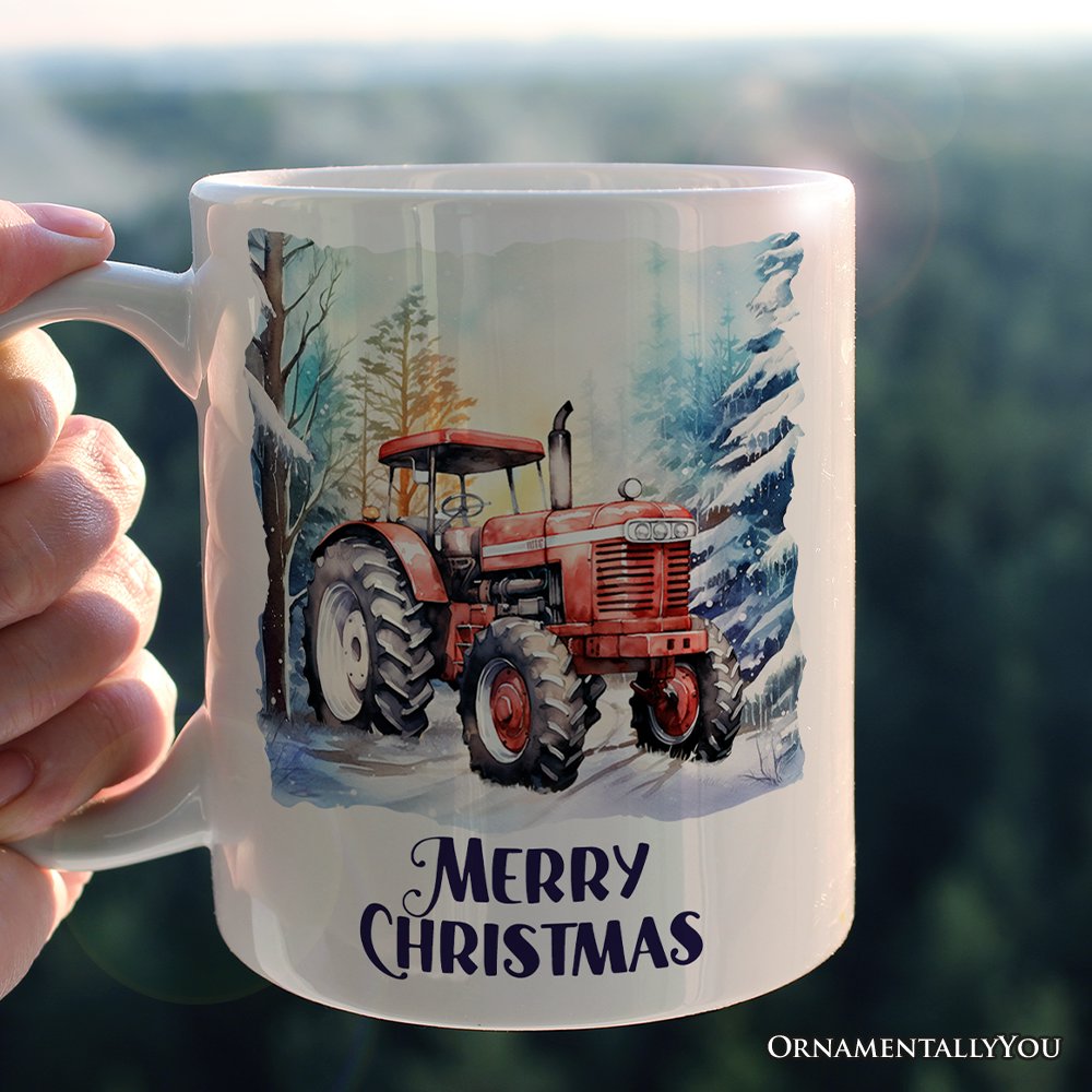 Vintage Tractor Personalized Mug, Pristine Snowy Serenity Christmas Gift With Custom Name and Date