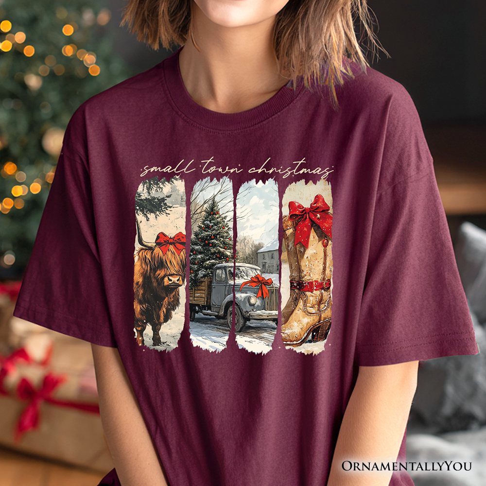 Small Town Christmas T‑Shirt, Highland Cow Rustic Western Cowgirl Holiday Tee