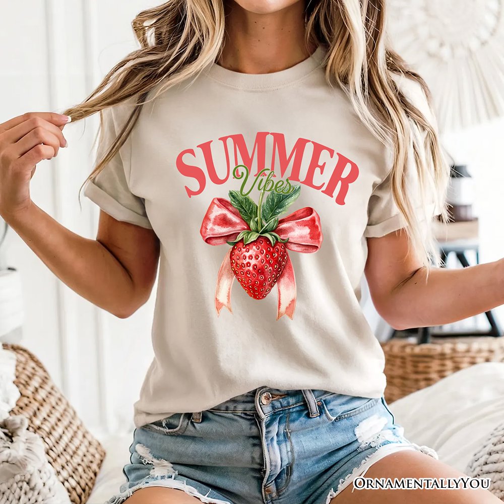 Summer Vibes Strawberry T-Shirt, White, Natural and Navy Seasonal Tee with Coquette Style