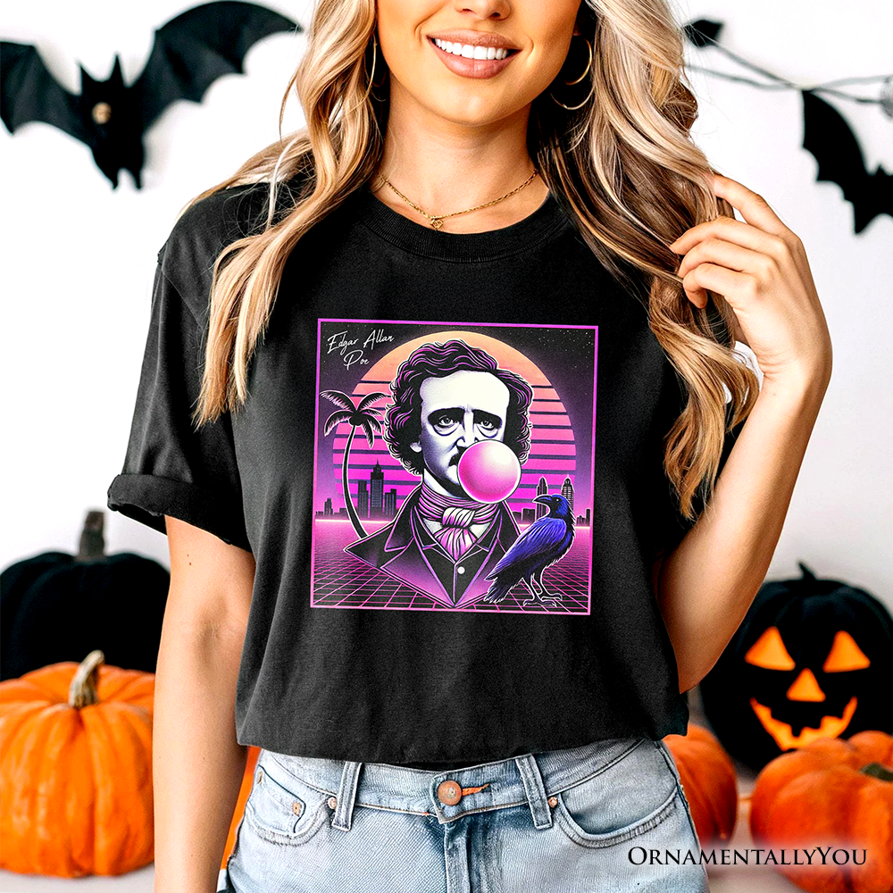 Synthwave 80's Styled Edgar Allan Poe Horror T-Shirt, Vaperwave Classic Retro Neon Halloween Tee