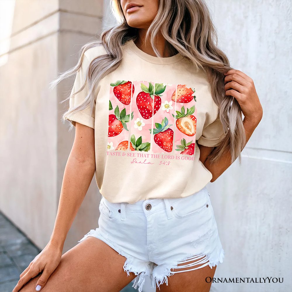 Taste and See That The Lord is Good Strawberry T-Shirt, White and Natural Christian Faith Tee