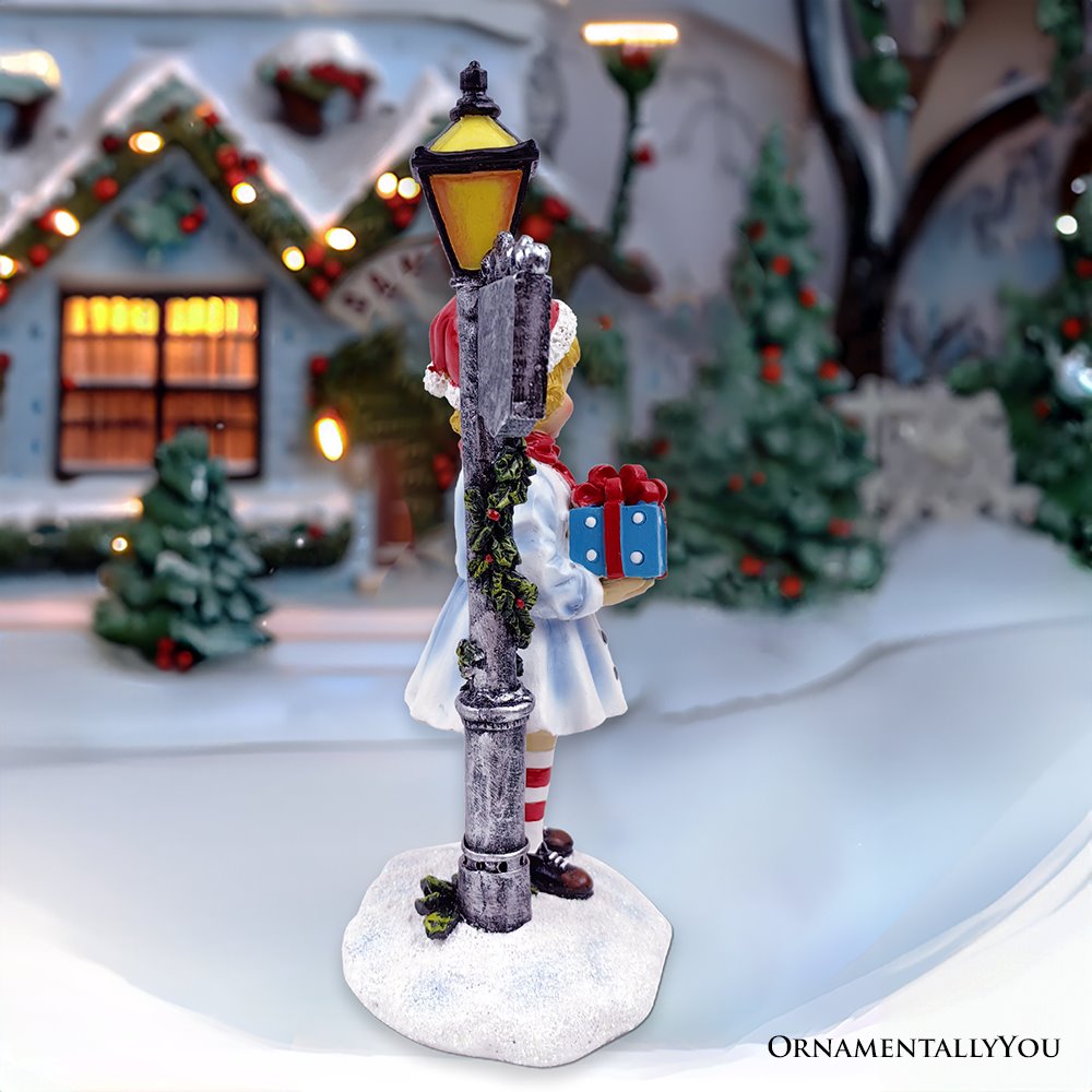 Victorian Style Christmas Girl and Street Lamp Tabletop Figurine, 8" Vintage Holiday Statue of a Gift Carrying Belle
