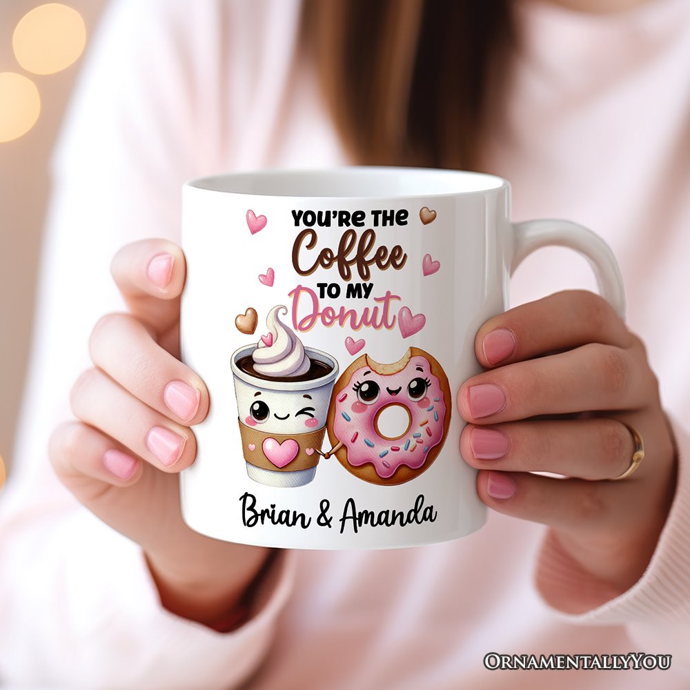 You’re the Donut to My Coffee Personalized Mug for Couple, Cute Romantic Coffee and Donuts Lover Gift With Custom Names