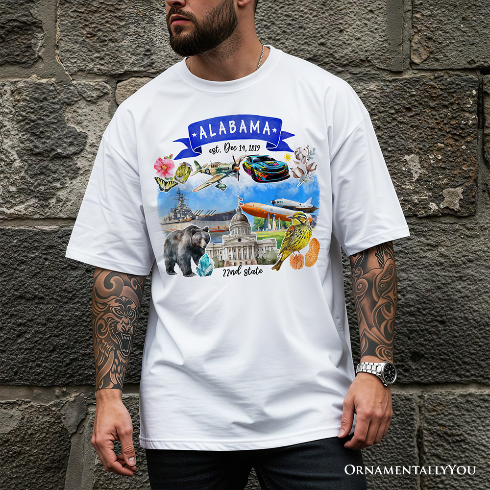 Artistic Alabama State Themes and Landmarks T-Shirt, Tee for History and Travel Lovers
